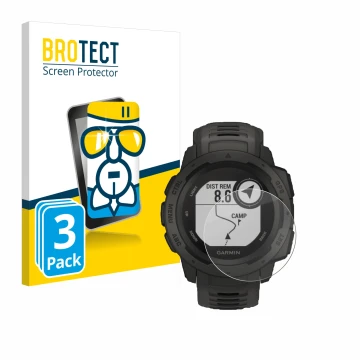 Front side of a product packaging with the brand logo BROTECT. Next to it is the device Garmin Instinct Tactical Edition shown