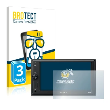 Front side of a product packaging with the brand logo BROTECT. Next to it is the device Sony XAV-AX1005DB shown with the corre