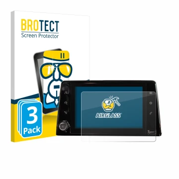 Front side of a product packaging with the brand logo BROTECT. Next to it is the device Peugeot Rifter 2019 Infotainment Syste