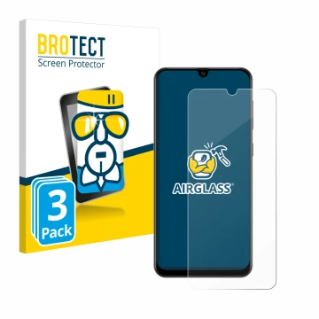 Front side of a product packaging with the brand logo BROTECT. Next to it is the device Samsung Galaxy A50s shown with the cor