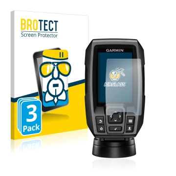 Front side of a product packaging with the brand logo BROTECT. Next to it is the device Garmin Striker 4 shown with the corres