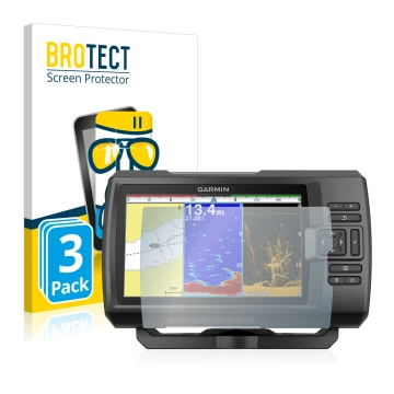 Front side of a product packaging with the brand logo BROTECT. Next to it is the device Garmin Striker Plus 9sv shown with the