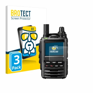 Front side of a product packaging with the brand logo BROTECT. Next to it is the device Yaesu FT-3D shown with the correspondi