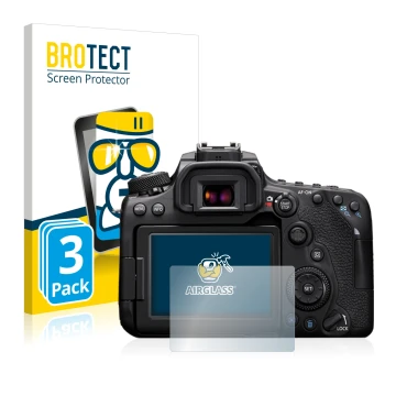 Front side of a product packaging with the brand logo BROTECT. Next to it is the device Canon EOS 90D shown with the correspon