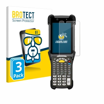 Front side of a product packaging with the brand logo BROTECT. Next to it is the device Zebra MC9300 shown with the correspond