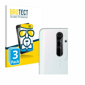 Front side of a product packaging with the brand logo BROTECT. Next to it is the device Xiaomi Redmi Note 8 Pro (ONLY Camera L