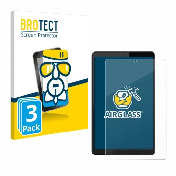 Front side of a product packaging with the brand logo BROTECT. Next to it is the device Lenovo Tab M8 shown with the correspon