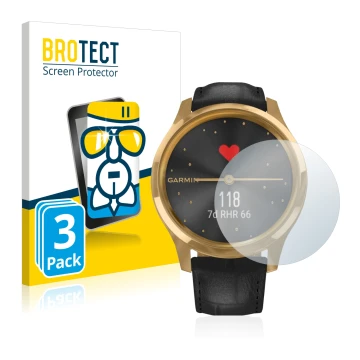 Front side of a product packaging with the brand logo BROTECT. Next to it is the device Garmin vivomove Luxe (42 mm) shown wit