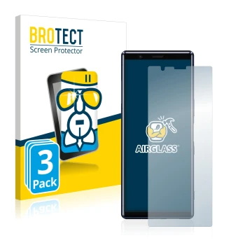 Front side of a product packaging with the brand logo BROTECT. Next to it is the device Sony Xperia 5 shown with the correspon