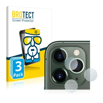 Front side of a product packaging with the brand logo BROTECT. Next to it is the device Apple iPhone 11 Pro Max (ONLY Camera L