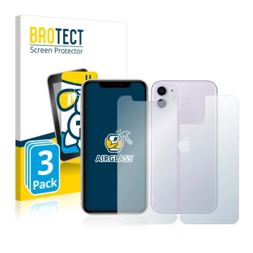 Front side of a product packaging with the brand logo BROTECT. Next to it is the device Apple iPhone 11 (Front+Back) shown wit
