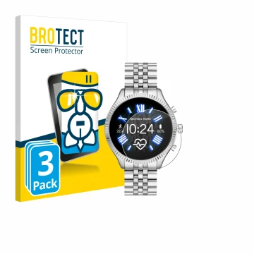 Front side of a product packaging with the brand logo BROTECT. Next to it is the device Michael Kors Access Lexington 2 shown 