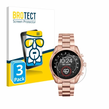 Front side of a product packaging with the brand logo BROTECT. Next to it is the device Michael Kors Access Bradshaw 2 shown w