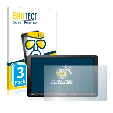 Front side of a product packaging with the brand logo BROTECT. Next to it is the device Sony XAV-AX8050D shown with the corres