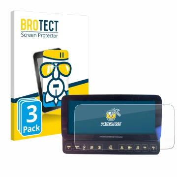Front side of a product packaging with the brand logo BROTECT. Next to it is the device Mercedes-Benz Actros 2019 Touch-Displa