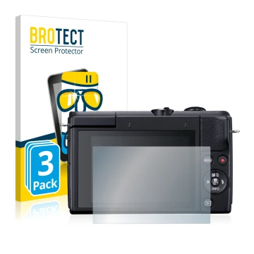Front side of a product packaging with the brand logo BROTECT. Next to it is the device Canon EOS M200 shown with the correspo