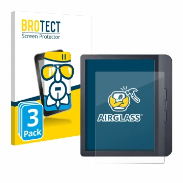 Front side of a product packaging with the brand logo BROTECT. Next to it is the device Kobo Libra H2O shown with the correspo
