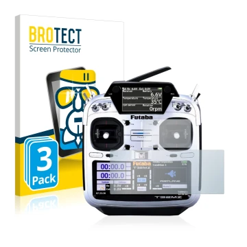 Front side of a product packaging with the brand logo BROTECT. Next to it is the device Robbe Futaba T32MZ shown with the corr