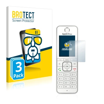 Front side of a product packaging with the brand logo BROTECT. Next to it is the device AVM Fritz!Fon C6 shown with the corres