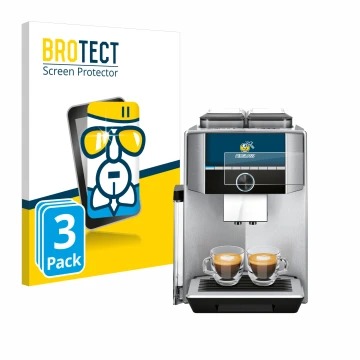 Front side of a product packaging with the brand logo BROTECT. Next to it is the device Siemens EQ.9 plus connect s700 4,3