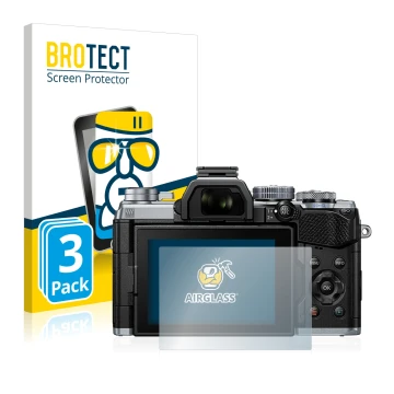 Front side of a product packaging with the brand logo BROTECT. Next to it is the device Olympus OM-D E-M5 Mark III shown with 