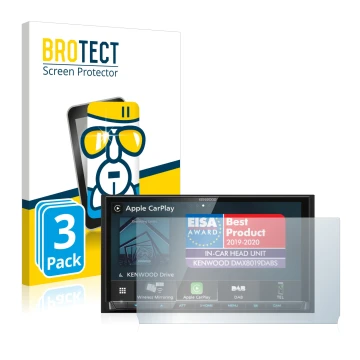 Front side of a product packaging with the brand logo BROTECT. Next to it is the device Kenwood DMX8019DABS (with cutout) show