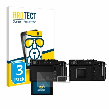 Front side of a product packaging with the brand logo BROTECT. Next to it is the device Fujifilm X-Pro3 shown with the corresp