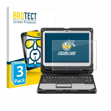 Front side of a product packaging with the brand logo BROTECT. Next to it is the device Panasonic Toughbook CF-33 shown with t