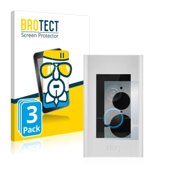 Front side of a product packaging with the brand logo BROTECT. Next to it is the device Ring Video Doorbell Elite shown with t