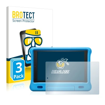 Front side of a product packaging with the brand logo BROTECT. Next to it is the device Amazon Fire HD 10 Kids 2019 (9th Gen.)