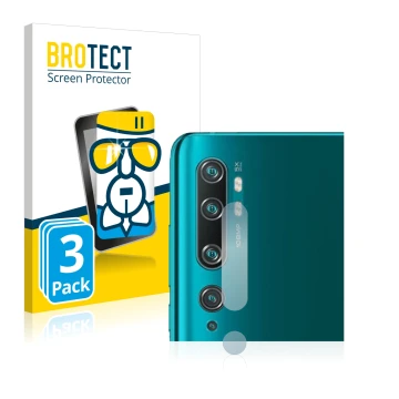 Front side of a product packaging with the brand logo BROTECT. Next to it is the device Xiaomi Mi Note 10 Pro (ONLY Camera Len