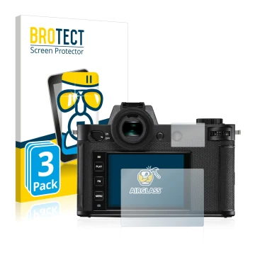 Front side of a product packaging with the brand logo BROTECT. Next to it is the device Leica SL2 shown with the corresponding