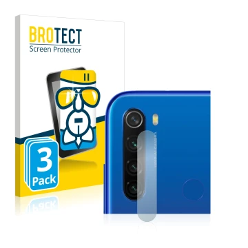 Front side of a product packaging with the brand logo BROTECT. Next to it is the device Xiaomi Redmi Note 8T (ONLY Camera Lens