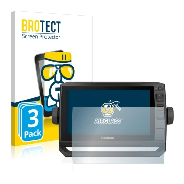 Front side of a product packaging with the brand logo BROTECT. Next to it is the device Garmin ECHOMAP UHD 92sv shown with the