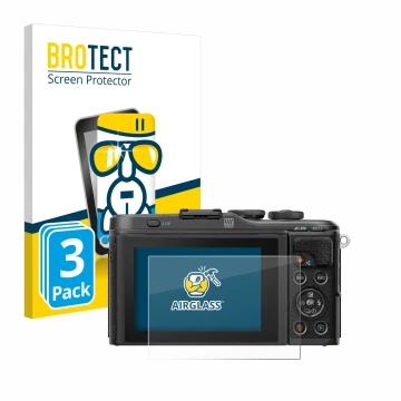 Front side of a product packaging with the brand logo BROTECT. Next to it is the device Olympus PEN E-PL10 shown with the corr