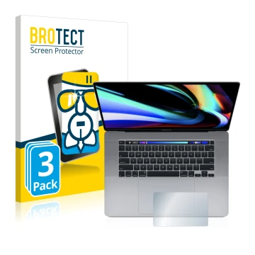 Front side of a product packaging with the brand logo BROTECT. Next to it is the device Apple MacBook Pro 16