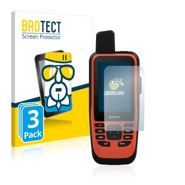 Front side of a product packaging with the brand logo BROTECT. Next to it is the device Garmin GPSMAP 86i shown with the corre