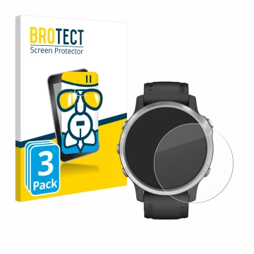 Front side of a product packaging with the brand logo BROTECT. Next to it is the device Garmin Fenix 6S shown with the corresp