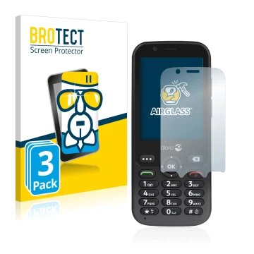 Front side of a product packaging with the brand logo BROTECT. Next to it is the device Doro 7010 shown with the corresponding