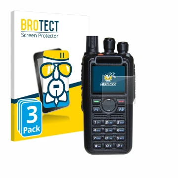 Front side of a product packaging with the brand logo BROTECT. Next to it is the device AnyTone AT-D878UV Plus shown with the 