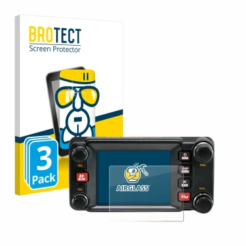 Front side of a product packaging with the brand logo BROTECT. Next to it is the device Yaesu FTM-400XDR shown with the corres