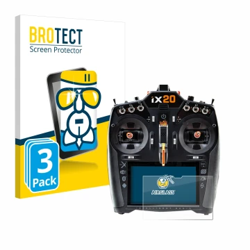 Front side of a product packaging with the brand logo BROTECT. Next to it is the device Spektrum iX20 shown with the correspon