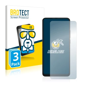 Front side of a product packaging with the brand logo BROTECT. Next to it is the device Motorola One Hyper shown with the corr