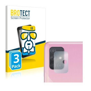 Front side of a product packaging with the brand logo BROTECT. Next to it is the device Samsung Galaxy A51 (ONLY Camera Lens) 