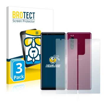 Front side of a product packaging with the brand logo BROTECT. Next to it is the device Sony Xperia 5 (Front+Back) shown with 