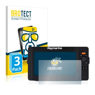 Front side of a product packaging with the brand logo BROTECT. Next to it is the device Raymarine Element 9 HV shown with the 