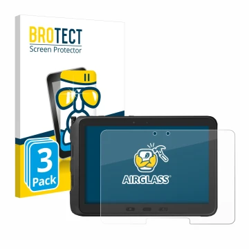 Front side of a product packaging with the brand logo BROTECT. Next to it is the device Samsung Galaxy Tab Active Pro shown wi