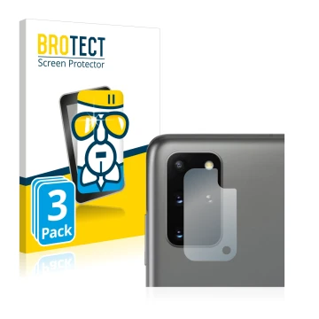 Front side of a product packaging with the brand logo BROTECT. Next to it is the device Samsung Galaxy S20 Plus (ONLY Camera L