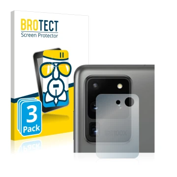 Front side of a product packaging with the brand logo BROTECT. Next to it is the device Samsung Galaxy S20 Ultra (ONLY Camera 