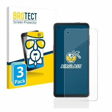 Front side of a product packaging with the brand logo BROTECT. Next to it is the device Samsung Galaxy XCover Pro shown with t